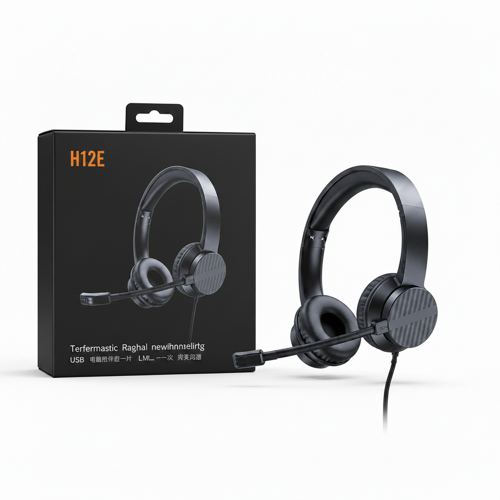 Black over-ear headset with an adjustable boom microphone shown next to its black retail box on a white background. The box features orange text reading 'H12E' and additional product text in German.