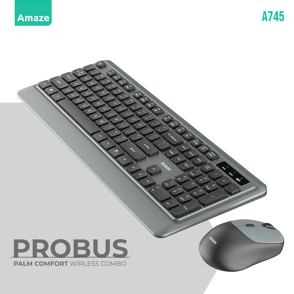 Probus A745 wireless keyboard and mouse combo – black, quiet keys, palm rest
