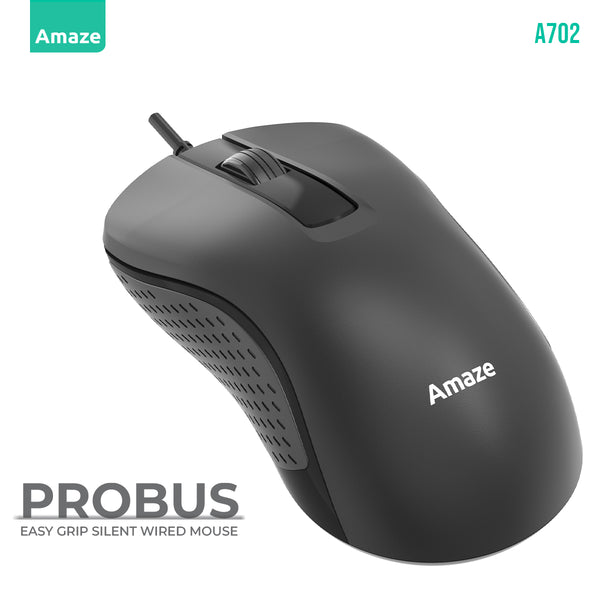 Amaze A702 Probus Silent Click Wired Mouse – black, 1200 DPI, ergonomic design