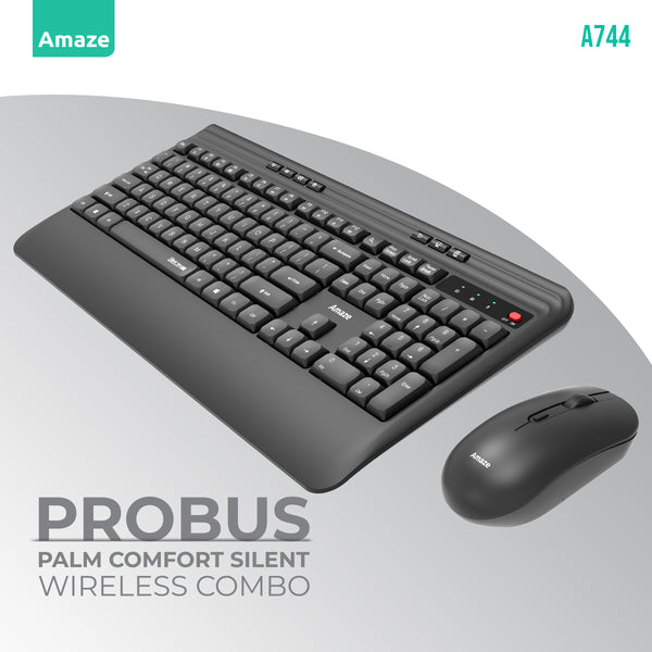 Probus A744 silent wireless keyboard & mouse combo – black ergonomic set