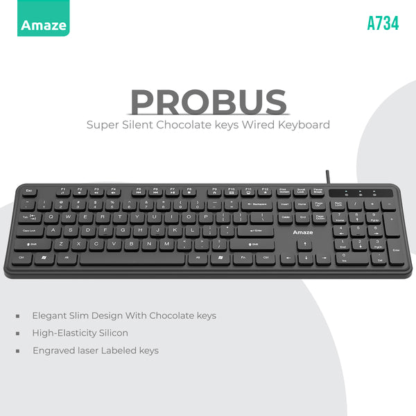 Probus A734 wired keyboard – slim design, chocolate silent keys